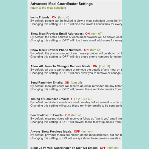 Advanced Settings Available to Meal Coordinators