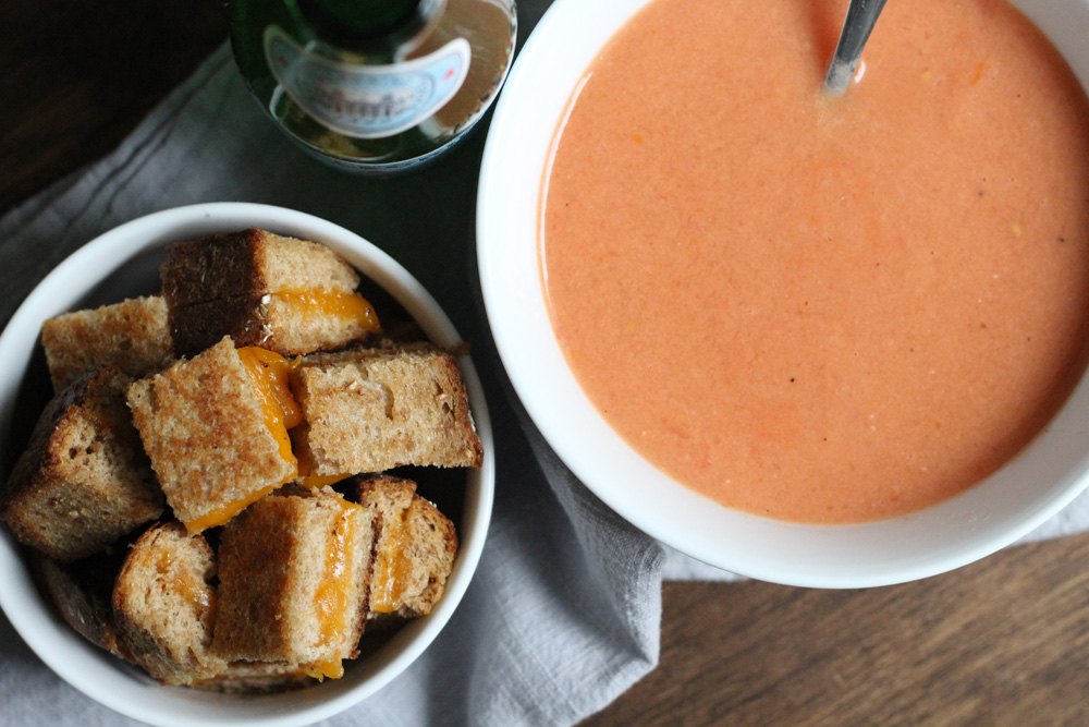 Tomato Soup with Grilled Cheese Croutons